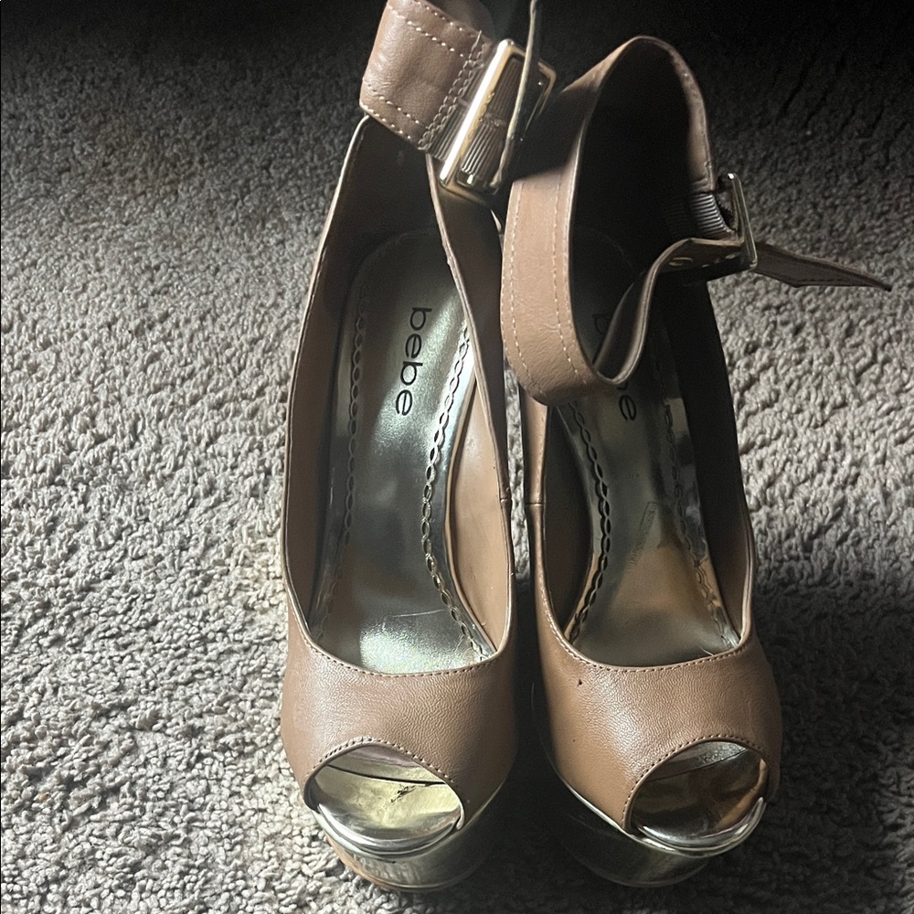 bebe Brown Peep-Toe Ankle-Strap Platform Heels with Gold Accent